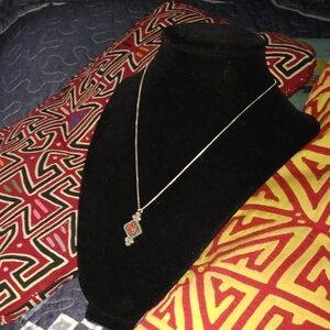 Sterling Silver Pendant On 16" Sterling Box Chain Red Coral Stone Artist Marked